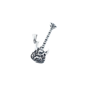 Vintage rock style guitar pendant necklace in stainless steel with flame engraving