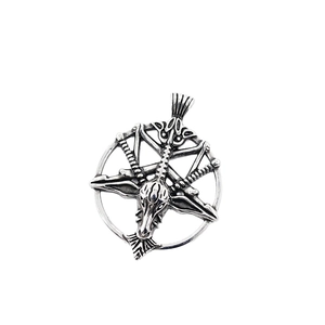 Silver and black Satanic Baphomet goat head pendant necklace in vintage stainless steel