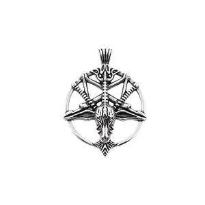 Gothic Baphomet goat head pendant necklace in vintage silver steel with pentagram detail