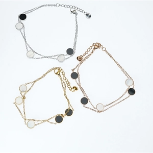 Double Layer Titanium Steel Artificial Pearl Bracelet For Women Circular Sequin Charms Black White Elegant Polished Jewelry