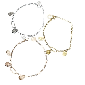 Titanium steel smiley face charm bracelets in silver, gold, and rose gold finishes