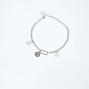 Silver smile face charm bracelet with engraved pendants for women in stainless steel