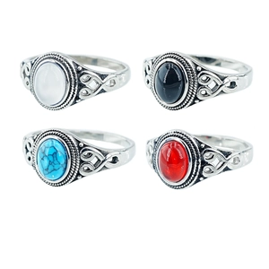Retro Bohemian Stainless Steel Ring For Men Women Vintage Turquoise Red Black White Stone Inlaid Celtic Knot Band Jewelry
