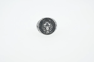 Macro detail of retro wolf head relief on a men's stainless steel ring in vintage silver