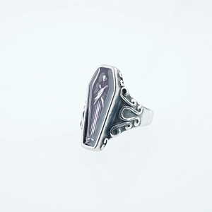 Gothic vampire coffin ring in vintage silver stainless steel with detailed embossed relief