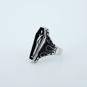 Gothic silver punk ring featuring a coffin design with skeletal engraving for men