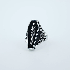 Gothic vampire coffin ring in vintage black stainless steel with mysterious figure relief