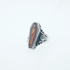Gothic vampire coffin ring in vintage steel with orange resin and detailed relief