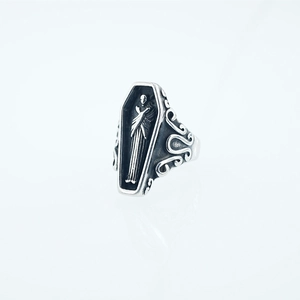 Gothic punk coffin ring in vintage silver with relief engraving and adjustable band