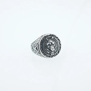 Vintage stainless steel wolf head ring for men with intricate tribal patterns and silver finish