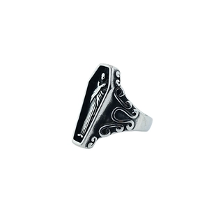 Gothic vampire coffin ring in vintage stainless steel with winged relief design