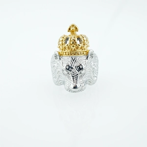 Punk style lion head ring with a gold crown, silver finish stainless steel jewelry for men