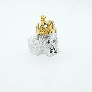 Bicolor silver and gold stainless steel lion head ring with crown for men
