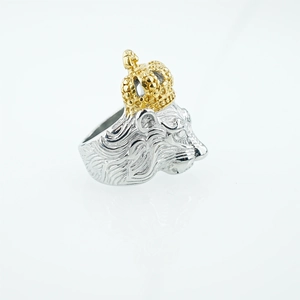 Men's punk style stainless steel ring with lion head design and golden crown detail