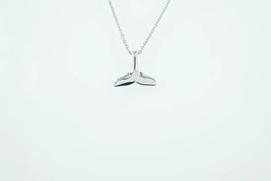 Detailopname van een zilveren walvisstaart hanger van gepolijst titanium staal aan een dunne ketting