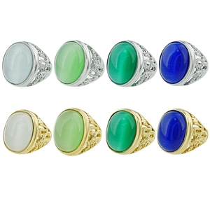 Bague en Acier Inoxydable Vintage pour Homme Femme Pierre Précieuse Artificielle Ovale Oeil de Chat Filigrane Creux Bijoux
