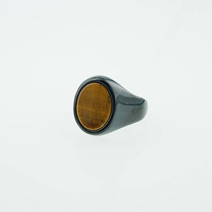 Men's polished black stainless steel signet ring featuring a round brown tiger eye stone