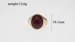 Detail view of oval red gemstone ring in gold finish with 19.1mm face height and 12.6g weight