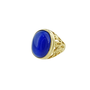 Bague rétro en acier titane doré avec une grande pierre œil de chat bleue ovale