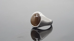 Detailed macro view of a silver stainless steel ring featuring a brown cat-eye gemstone