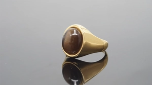 Macro shot of gold stainless steel ring with large oval brown tiger eye stone