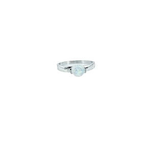 Minimalist silver steel ring with a round blue-white opal stone on a white background