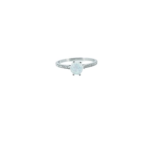 Minimalist silver steel opal ring with round white stone and side crystal accents