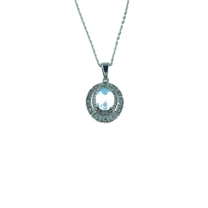 Silver titanium steel necklace with colorful opal pendant and Greek meander pattern