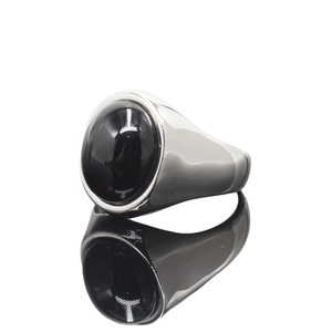 Minimalist silver stainless steel signet ring featuring a large oval black gemstone inlay