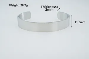 Polished silver cuff bracelet details showing 11.6mm width and 28.7g weight specifications