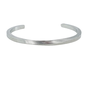 Minimalist silver Mobius loop open cuff bracelet in matte stainless steel finish