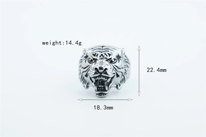 Detailed macro view of silver steel tiger head ring with 22.4mm height dimensions