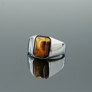Vintage Punk Tiger Eye Stone Stainless Steel Ring For Men Retro Signet Titanium Steel Band Ring Fashion Jewelry Gift
