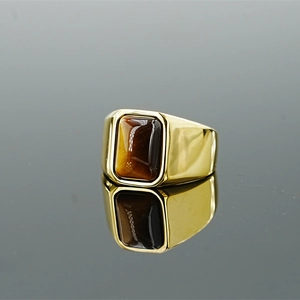 Vintage gold tiger eye signet ring for men in stainless steel with polished finish