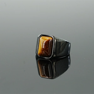 Men's vintage tiger eye stone ring with black rectangular signet in stainless steel
