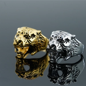 Domineering Tiger Head Stainless Steel Ring For Men Retro Roaring Tiger Animal Band Vintage Gothic Punk Jewelry Gold Silver