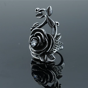 Vintage Rose Ring Stainless Steel Zirconia Flower Jewelry Women Gothic Punk Style Antique Silver Retro Accessory