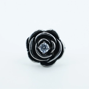 Punk vintage stainless steel black rose ring with a sparkling white zircon center stone