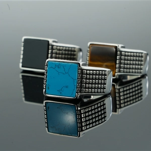 Vintage Stainless Steel Square Signet Ring For Men With Turquoise Black Agate Tiger Eye Stone Punk Bold Band Jewelry Gift