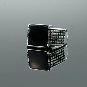 Mens vintage silver stainless steel signet ring featuring a large square black agate stone