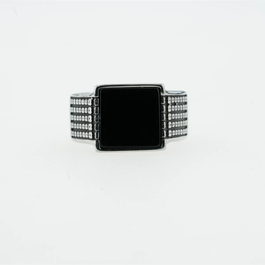 Men's punk stainless steel ring with square black agate stone and textured band