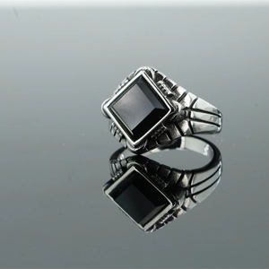 Vintage stainless steel ring for men featuring a square black onyx stone and engraved details