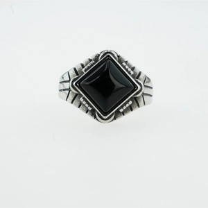 Vintage stainless steel ring with a large square black agate gemstone in silver finish