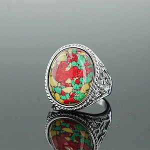 Vintage stainless steel ring with colorful oval turquoise stone and engraved details