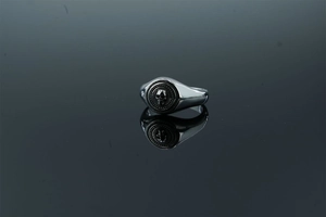 Macro view of vintage stainless steel punk ring featuring a detailed skull emblem