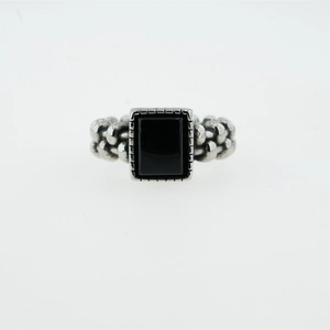 Anello punk retrò in acciaio inossidabile argento con onice nera rettangolare e maglia a catena