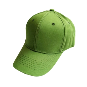 Close-up of grass green twill cotton baseball cap showing reinforced stitched brim and eyelets