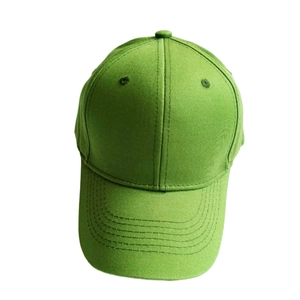 Close-up of the grass green baseball cap showing six-panel crown and reinforced stitching