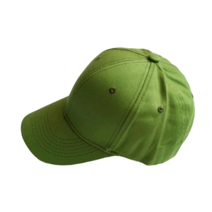 Side view of grass green cotton baseball cap with six-panel design and curved brim