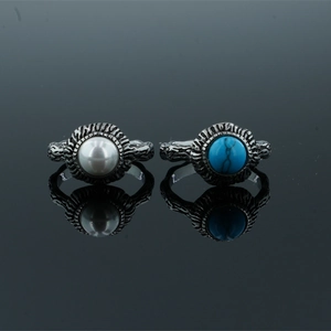 Vintage Titanium Steel Ring Engraved Totem Turquoise Artificial Pearl Red Green Zirconia Gothic Punk Band Finger Ring Women Men Jewelry